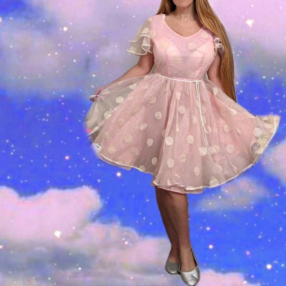 1950s Vintage Pink Chiffon Party Dress Swing Skirt Valentine's day